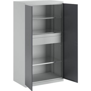 eurokraft pro Materiaalkast, diepte 650 mm, 3 legborden + 2 laden, deuren grijs