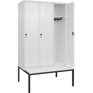 C+P Kledingkast Classic PLUS met zitbank, 3 compartimenten, verkeerswit, b = 1200 mm, veiligheidsdraaigrendel, ondergebouwd, kunststof