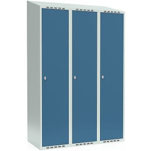 Lockerkast Fydor, 3 compartimenten, lichtgrijs / briljantblauw, b = 1200 mm, 3 compartimenten, schuine bovenkant, hangslot