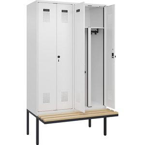 Multifunctionele lockerkast Evolo PLUS met zitbank, 4 compartimenten, wit, b = 1200 mm, veiligheidsdraaigrendel, met uitstekende zitbank, beukenhout