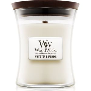 Woodwick White Tea & Jasmine geurkaars met een houten lont 275 gr