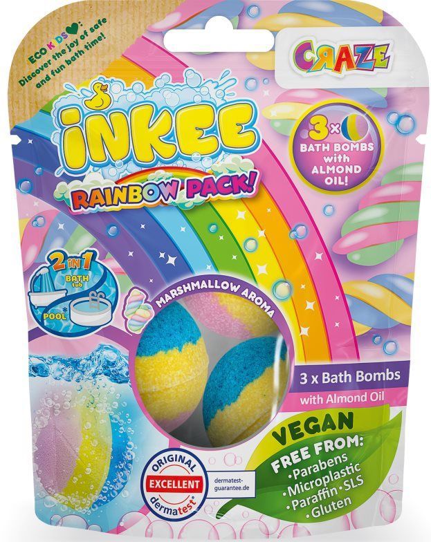 INKEE - Color Rainbow World - Set van 3 Badbruisballen - Roze, Paars, Blauw - Arganolie
