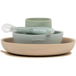 Nattou Siliconen 4-delig Servies voor Kinderen - Bord + Kom + Beker + Lepel - Antislip - BPA-vrij - Groen/Zand