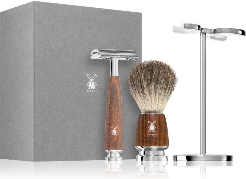 MÜHLE - RYTMO - Scheerset - 3-delig - Scheermes - Scheerkwast met Dassenhaar - Statief van Verchroomd Metaal