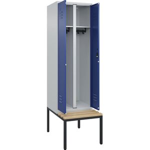 C+P Multifunctionele kledingkast Classic PLUS met zitbank, 1 compartiment, lichtgrijs / gentiaanblauw, b = 600 mm, cilinderslot, ondergebouwd, beuken-hardhout