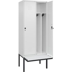 C+P Multifunctionele lockerkast Classic PLUS met zitbank, smal, 2 compartimenten, scheidingswand ingekort, verkeerswit, b = 800 mm, veiligheidsdraaigrendel, vrijdragend, kunststof