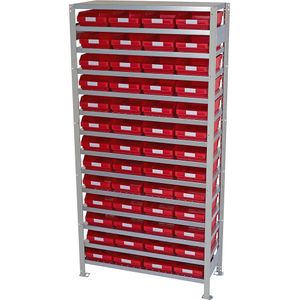 STEMO Inhaakstelling met stellingbakken, stellinghoogte 2100 mm, basisstelling, diepte 500 mm met 52 rode bakken