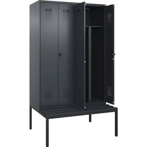 Multifunctionele lockerkast Evolo PLUS met zitbank, 4 compartimenten, scheidingswand ingekort, grijs, b = 1200 mm, veiligheidsdraaigrendel, met ondergebouwde zitbank, kunststof