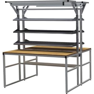 bedrunka hirth workalu® aluminium werkbank met systeemopbouw, dubbelzijdig, 6 legborden, 1 kabelgoot, 2 werkplaatslampen, bladbreedte 1750 mm