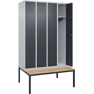 C+P Kledingkast Classic PLUS met zitbank, 4 compartimenten, lichtgrijs / grijs, b = 1200 mm, cilinderslot, ondergebouwd, beuken-hardhout