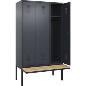 Lockerkast Evolo PLUS met zitbank, 3 compartimenten, grijs, b = 1200 mm, cilinderslot, met uitstekende zitbank, beukenhout
