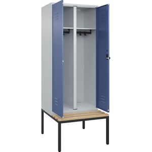 C+P Multifunctionele kledingkast Classic PLUS met zitbank, 1 compartiment, lichtgrijs / verblauw, b = 800 mm, veiligheidsdraaigrendel, ondergebouwd, beuken-hardhout