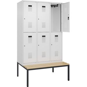 Lockerkast Evolo PLUS met twee verdiepingen en zitbank, 3 compartimenten, wit, b = 1200 mm, cilinderslot, met ondergebouwde zitbank, beukenhout