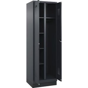 Schoonmaakkast Evolo PLUS, 1 compartiment, scheidingswand in het midden, grijs, b = 600 mm, met bodemsokkel, cilinderslot