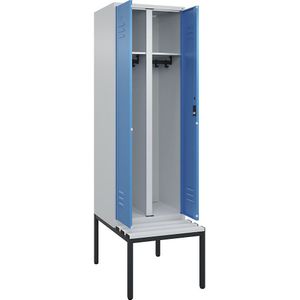 C+P Multifunctionele kledingkast Classic PLUS met zitbank, 1 compartiment, lichtgrijs / lichtblauw, b = 600 mm, cilinderslot, ondergebouwd, kunststof