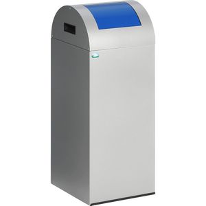 VAR Zelfdovende afvalbak voor kringloopmateriaal, inhoud 60 l, h x b x d = 800 x 320 x 320 mm, antiekzilver, klep blauw