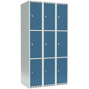 Drievoudige locker Fydor, 3 compartimenten, lichtgrijs / briljantblauw, b = 900 mm, 3 compartimenten, platte bovenkant, hangslot