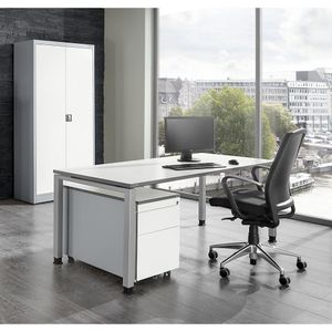 mauser Complete kantoorwerkplekinrichting ARCOS, bureau, vleugeldeurkast, verrijdbaar ladeblok met hangmappenlade, blank aluminiumkleurig / zuiverwit