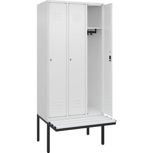 C+P Kledingkast Classic PLUS met zitbank, 3 compartimenten, verkeerswit, b = 900 mm, cilinderslot, vrijdragend, kunststof