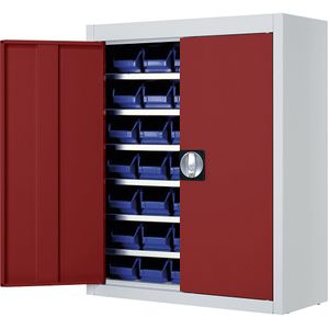 mauser Magazijnkast met magazijnbakken, h x b x d = 820 x 680 x 280 mm, tweekleurig, kastframe grijs, deuren rood, 42 bakken
