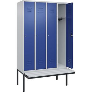 C+P Kledingkast Classic PLUS met zitbank, 4 compartimenten, lichtgrijs / gentiaanblauw, b = 1200 mm, cilinderslot, vrijdragend, kunststof