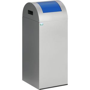 VAR Zelfdovende afvalbak voor kringloopmateriaal, inhoud 60 l, h x b x d = 800 x 320 x 320 mm, zilver, klep blauw