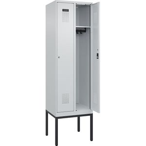 C+P Lockerkast Evolo PLUS, 2 compartimenten, lichtgrijs, b = 600 mm, met smalle voeten, cilinderslot