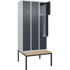 C+P Z-kledingkast Classic PLUS met zitbank, 3 compartimenten, lichtgrijs / grijs, b = 900 mm, cilinderslot, ondergebouwd, beuken-hardhout