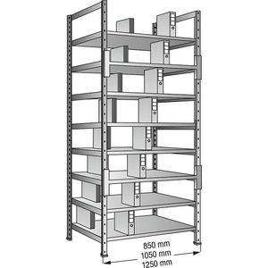 Ordner- en archief-inhaakstelling, verzinkt, hoogte 3000 mm, dubbelzijdig, legbord-b x d = 800 x 600 mm, basisstelling