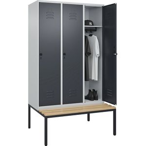 C+P Kledingkast Classic PLUS met zitbank, 3 compartimenten, lichtgrijs / grijs, b = 1200 mm, veiligheidsdraaigrendel, ondergebouwd, beuken-hardhout