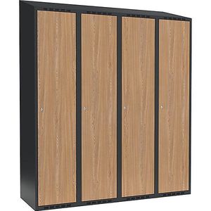 Lockerkast Fydor, 4 compartimenten, grijs / eikenhout, b = 1200 mm, 4 compartimenten, schuine bovenkant, cilinderslot