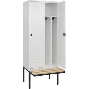 C+P Multifunctionele lockerkast Classic PLUS met zitbank, smal, 2 compartimenten, scheidingswand ingekort, verkeerswit, b = 800 mm, veiligheidsdraaigrendel, vrijdragend, beuken-hardhout