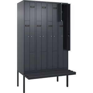 Z-lockerkast Evolo PLUS met zitbank, 4 compartimenten, grijs, b = 1200 mm, cilinderslot, met uitstekende zitbank, kunststof