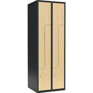Z-lockerkast Fydor, 2 compartimenten, grijs / berkenhout, b = 600 mm, 2 compartimenten, platte bovenkant, cilinderslot