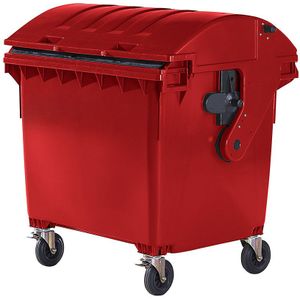 Afvalcontainer van kunststof, DIN EN 840, Inhoud 1100 l, h x b x d = 1360 x 1465 x 1100 mm, schuifdeksel, beveiliging voor kinderen, rood
