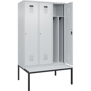 Multifunctionele lockerkast Evolo PLUS met zitbank, smal, 3 compartimenten, scheidingswand ingekort, lichtgrijs / lichtgrijs, b = 1200 mm, cilinderslot, met ondergebouwde zitbank, kunststof