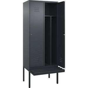 C+P Multifunctionele lockerkast Classic PLUS met zitbank, smal, 2 compartimenten, scheidingswand ingekort, grijs, b = 800 mm, cilinderslot, vrijdragend, kunststof