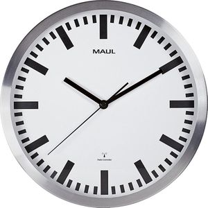 MAUL Wandklok MAULpilot, geborsteld aluminium, Ø 305 mm, zendergestuurd uurwerk, zilver