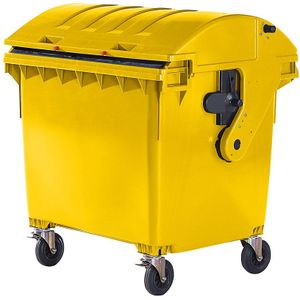 Afvalcontainer van kunststof, DIN EN 840, Inhoud 1100 l, h x b x d = 1360 x 1465 x 1100 mm, schuifdeksel, beveiliging voor kinderen, geel, vanaf 5 stuks