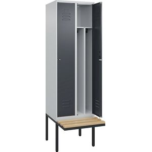 C+P Multifunctionele lockerkast Classic PLUS met zitbank, smal, 2 compartimenten, scheidingswand ingekort, lichtgrijs / grijs, b = 600 mm, cilinderslot, vrijdragend, beuken-hardhout