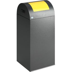 VAR Zelfdovende afvalbak voor kringloopmateriaal, inhoud 60 l, h x b x d = 800 x 320 x 320 mm, antiekzilver, klep geel