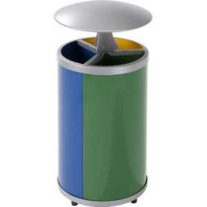 VAR Afvalbak voor kringloopmateriaal, rond, inhoud 3 x 30 l, h x Ø = 950 x 420 mm, met dakje, geel, blauw, groen