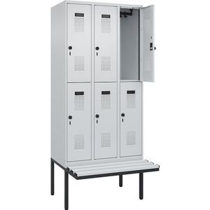 Lockerkast Evolo PLUS met twee verdiepingen en zitbank, 3 compartimenten, lichtgrijs / lichtgrijs, b = 900 mm, veiligheidsdraaigrendel, met uitstekende zitbank, kunststof