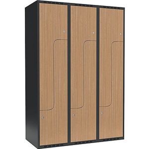 Z-lockerkast Fydor, 3 compartimenten, grijs / eikenhout, b = 1200 mm, 3 compartimenten, platte bovenkant, cilinderslot