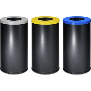 eurokraft basic Afvalbak voor kringloopmateriaal set van 3, inhoud 70 l, VE = 3 stuks, deksel gentiaanblauw / zilver / geel