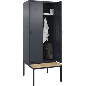 C+P Kledingkast Classic PLUS met zitbank, 2 compartimenten, grijs, b = 800 mm, veiligheidsdraaigrendel, ondergebouwd, beuken-hardhout