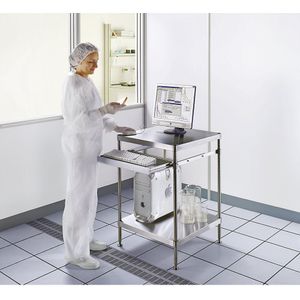Cleanroom-Pc-werktafel, van roestvast staal, aflegbord en toetenbordplateau, h x b x d = 870 x 610 x 610 mm