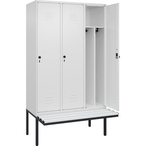 C+P Multifunctionele lockerkast Classic PLUS met zitbank, smal, 3 compartimenten, scheidingswand ingekort, verkeerswit, b = 1200 mm, veiligheidsdraaigrendel, vrijdragend, kunststof