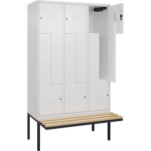 C+P Z-kledingkast Classic PLUS met zitbank, 3 compartimenten, verkeerswit, b = 1200 mm, cilinderslot, vrijdragend, beuken-hardhout
