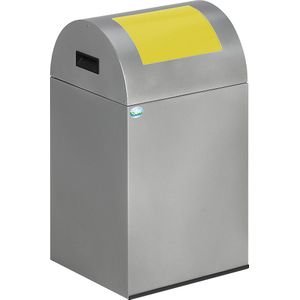 VAR Zelfdovende afvalbak voor kringloopmateriaal, inhoud 43 l, h x b x d = 600 x 320 x 320 mm, zilver, klep geel